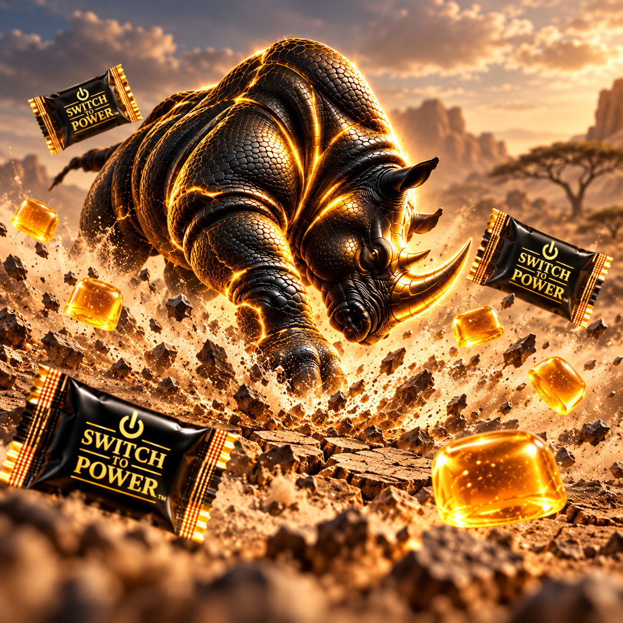 Golden armoured rhino charging through rock, surrounded by Apex Vitality packs and glowing gummies